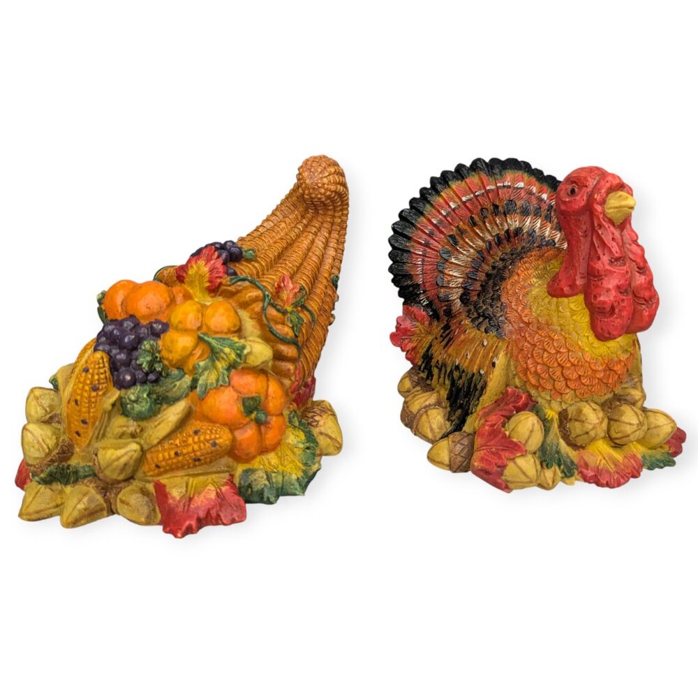 Vibrant Turkey and Cornucopia Resin Coated Foam Thanksgiving Decor Set of 2